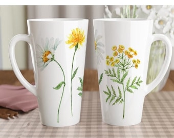 Floral Tall Latte Mug, Yellow and White Flowers Large Tea Cup, Pretty Botanical Ceramic Coffee Cup, Daisies Nature Drinkware