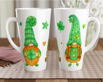 Tall Latte Mug w/ Gnomes, St Patrick's Day Coffee Cup, Large Tea Cup, Cute Ceramic Drinkware w/ Clovers & Shamrocks, Seasonal Kitchen Decor