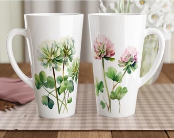 Tall Latte Mug W/ Clovers Shamrocks,  Botanical Coffee Cup, Large Ceramic Spring Tea Cup, St Patrick's Day Drinkware, Nature Themed Kitchen