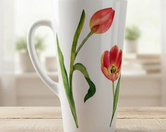 Taza de café con leche con tulipanes - Taza de café de cerámica botánica de 17 oz