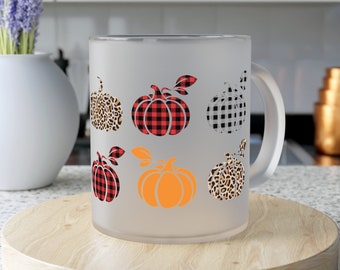 Frosted Glass Pumpkin Mug, Plaid & Leopard Print, Autumn Tea cup, Seasonal Drinkware, Thanksgiving Tableware for Hot or Cold Beverages