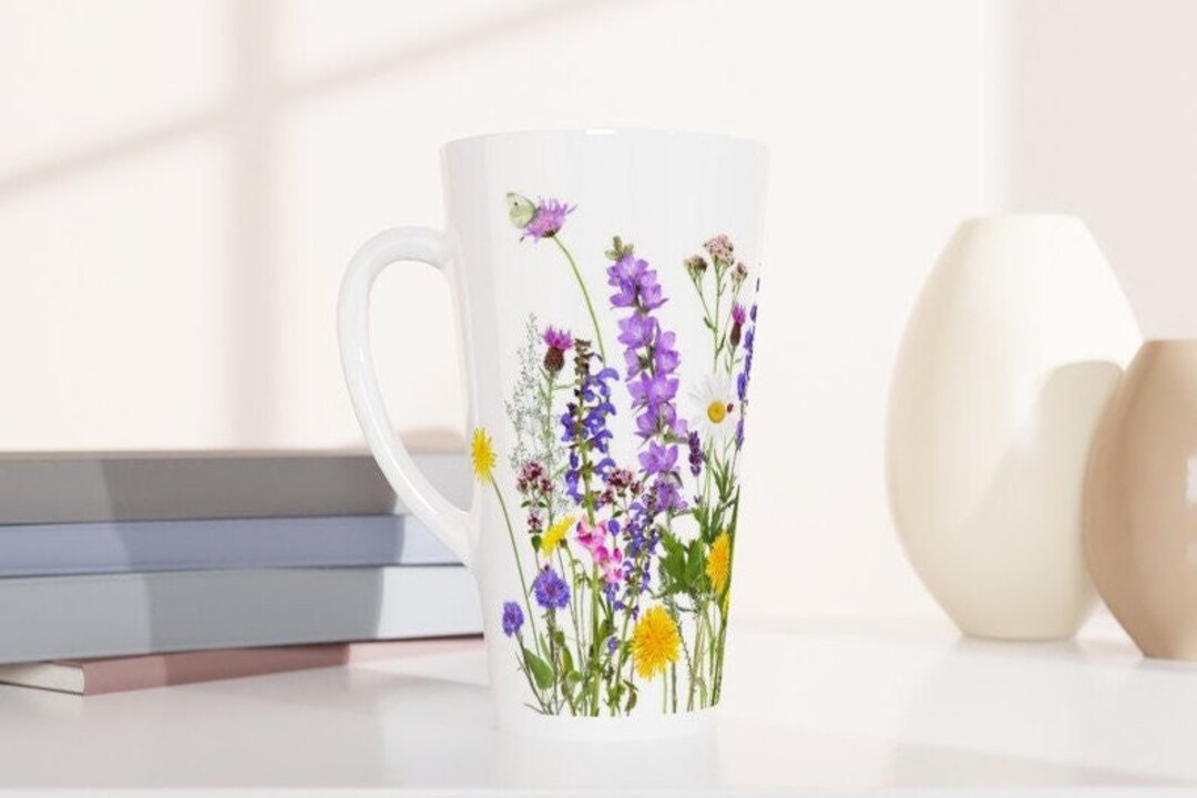 Wildflower Tall Latte Mug, Botanical Coffee Cup, Large Spring Tea Cup ...