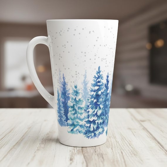 Latte Mug, 17 Oz Ceramic Coffee Cup, Winter Trees and Snow