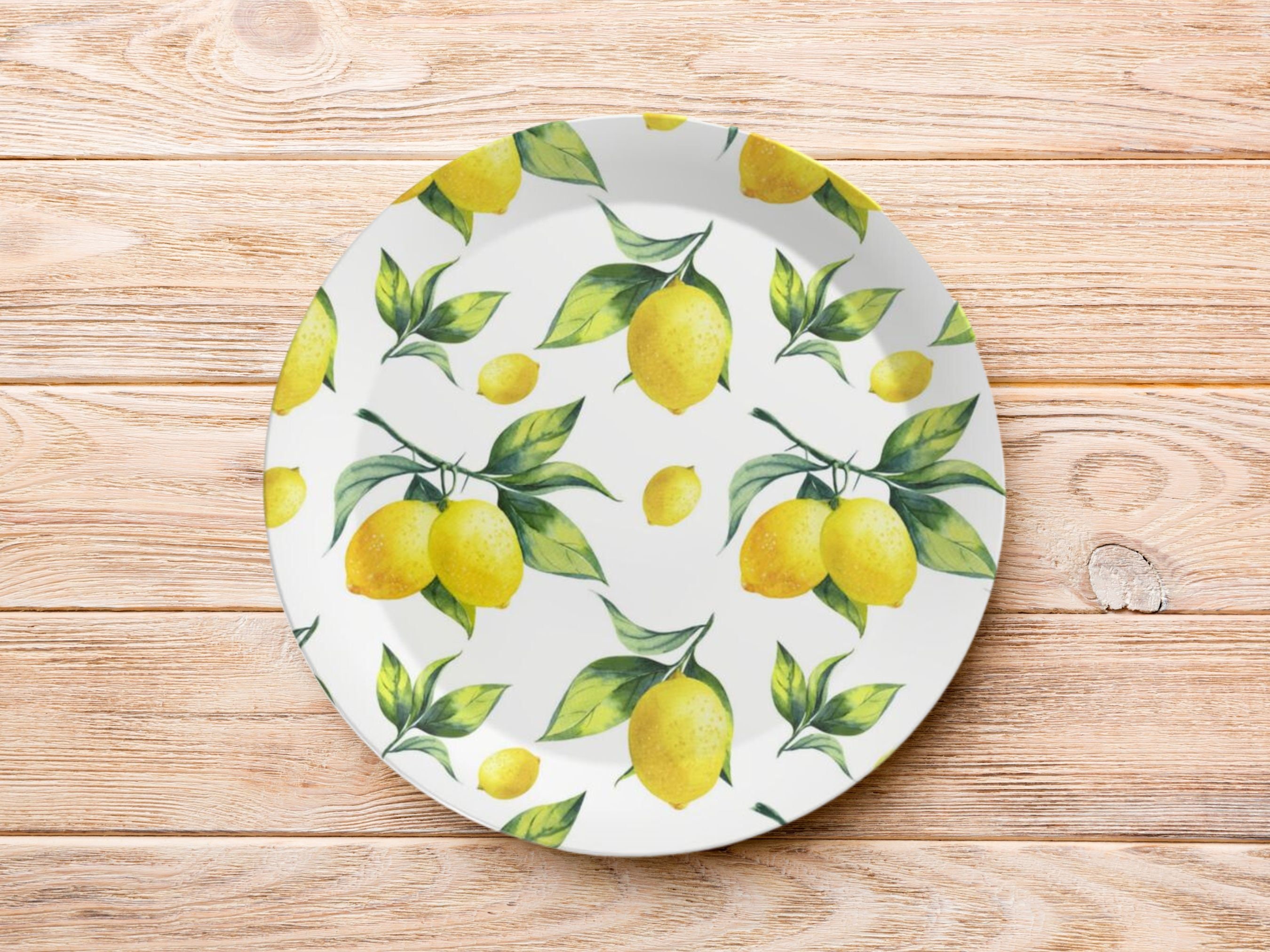 Set of 7.5 " Plastic Plates, Made in UK, Lemon Fruit Print Party Décor, Shatterproof Summer Plate Set, Nature Themed Outdoor Tableware