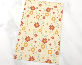 Retro Floral Print Tea Towel, Cotton Linen or Cotton Hemp, Cute Flower Dishcloth, Botanical Kitchen Towel, Nature Inspired Décor