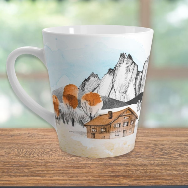 Dolomite Mountains Cabin Latte Mug, Cozy Rustic Coffee Cup, Landscape Scene Nature Teacup, Outdoorsy Wilderness Ceramic Drinkware