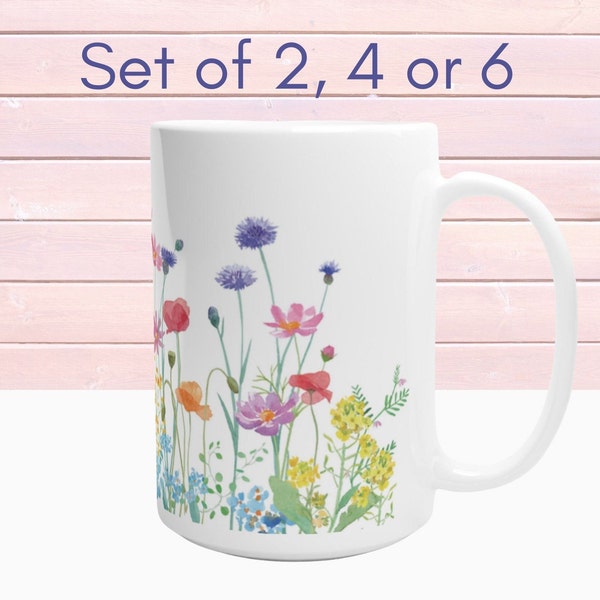 Ensemble de tasses, tasse à café florale fleurs sauvages, tasse à thé jardin fleuri, tasse à thé fleurs sauvages botaniques esthétiques, verres en céramique assez nature