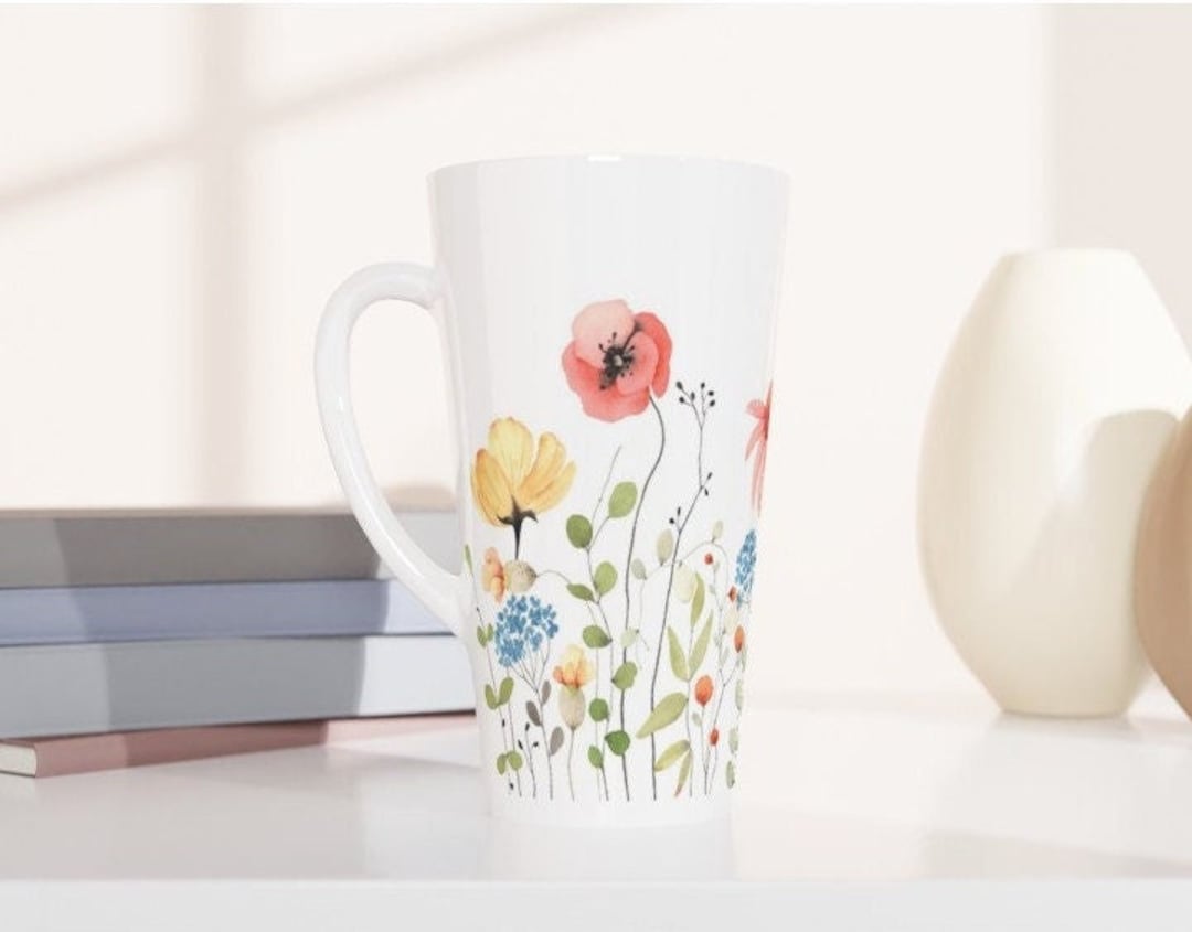 Floral Tall Latte Mug, Botanical Coffee Cup, Large Spring Tea Cup ...
