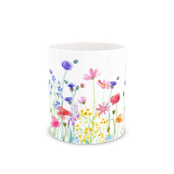 Bone china coffee or tea mugs, wildflowers design, set of 2