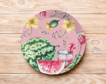 Set of 7.5" Plastic Plates, Watermelon Print Party Décor, Shatterproof Summer Dishes, Dessert, Appetizer, Salad, Decorative, Outdoor Dining