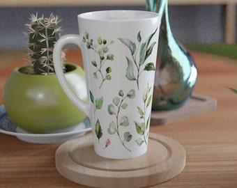 Florale hohe Latte Tasse, Botanische große Teetasse, Blumen & Blätter Keramik Kaffeetasse, Natur inspiriertes Trinkgeschirr