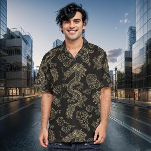 Black Japanese Dragon Hawaiian Shirt | Button-Up Shirt | Roman Collar | Sizes XS to 8XL | Lightweight & Breathable Summer Shirt