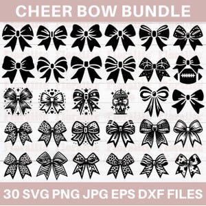 May include: A set of 30 black and white cheer bow SVG, PNG, JPG, EPS, and DXF files. The bows are in various styles, including simple, sparkly, and patterned.