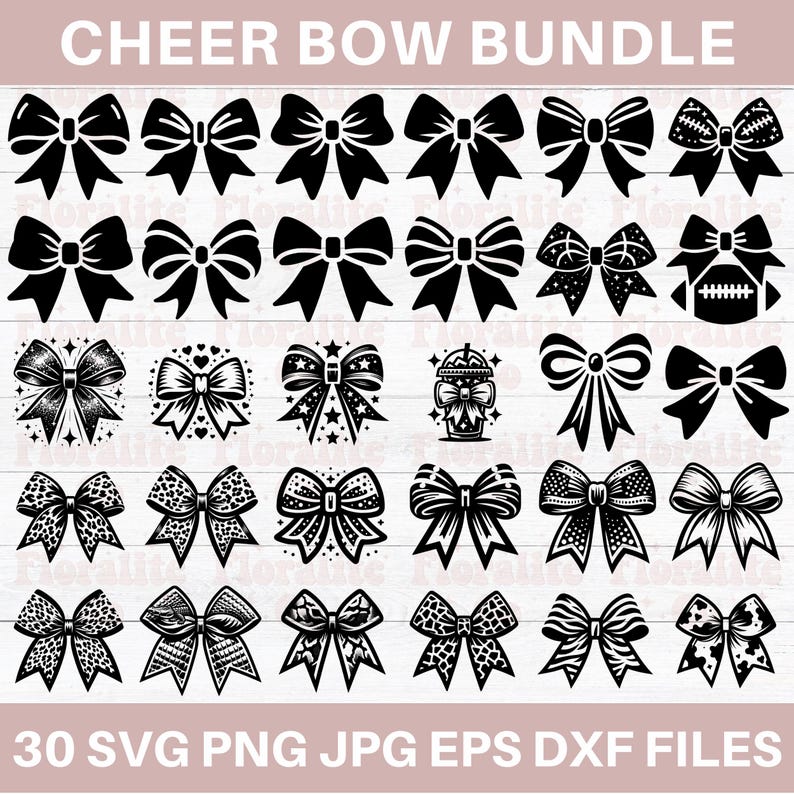 Op de afbeelding: Een set van 30 zwart-witte cheer bow SVG, PNG, JPG, EPS en DXF bestanden. De bogen zijn in verschillende stijlen, waaronder simpel, sparkly en gepatroneerd.