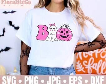 Boo SVG, Halloween rosa SVG, Fantasma femenino SVG, Murciélago espeluznante, Calabaza rosa Svg, Telaraña Svg, Archivo Svg para Cricut, Diseño de sublimación png