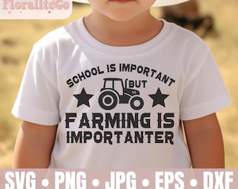 May include: A white t-shirt with a black tractor graphic and the text "School is important but farming is importanter".