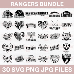 May include: A selection of black and white Rangers-themed logos for sports teams such as football, soccer, and hockey. The image features the text "Rangers Bundle" and "30 SVG PNG JPG FILES".