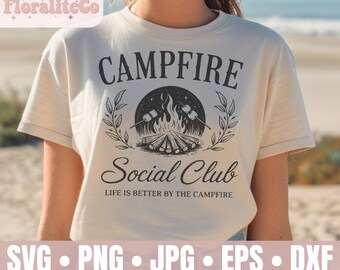 Kemping SVG PNG Sublimacja, Ognisko Klub towarzyski SVG, Kemping Clipart, Letnie wzory png, Modny estetyczny projekt koszulki Druk Sublimacja