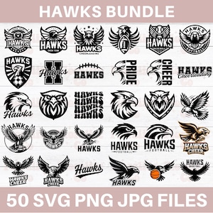 ホークスマスコットバンドルSVG、ホークススクールスピリットSVG、ホークスチアリーディングSVG、ホークスチームギアSVG、ホークスフットボールカットファイル、クリカット、シルエット