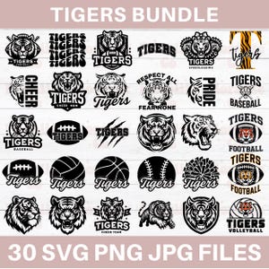 Paquete SVG de mascota de los Tigres, camiseta de espíritu escolar de los Tigres (SVG), archivo de corte del equipo de porristas, cabeza de tigre (SVG), fútbol americano de los Tigres de secundaria (SVG), sóftbol