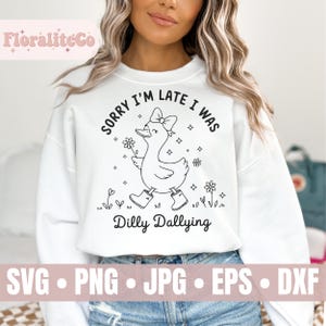 Przepraszam za spóźnienie. Byłem Dilly Dallying Goose SVG PNG Design, Zabawny mem z gęsią, Modna słodka gęś Svg, Retro Groovy Estetyka, Kokietka gęś