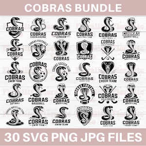 Cobra's mascotte SVG PNG-bundel, cobra-logo clipart voor Cricut, cheer sublimatie, cobra softbal, voetbal sportteam afbeelding, honkbal svg