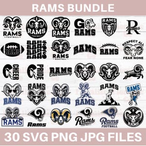 Pacchetto mascotte Rams SVG, Rams School Spirit svg, Rams Cheerleading svg, Attrezzatura della squadra di football dei Rams, Rams Fan svg, Cricut, Silhouette