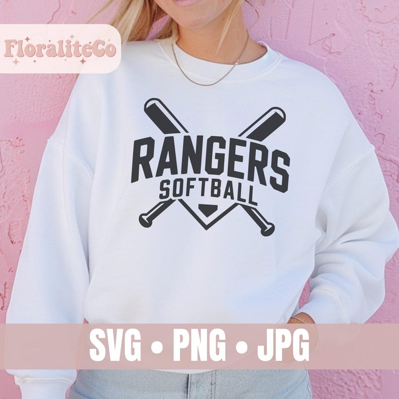 May include: White sweatshirt with a black "Rangers Softball" graphic featuring crossed baseball bats. The design includes the text "SVG &bull; PNG &bull; JPG" at the bottom. The sweatshirt is a casual style.