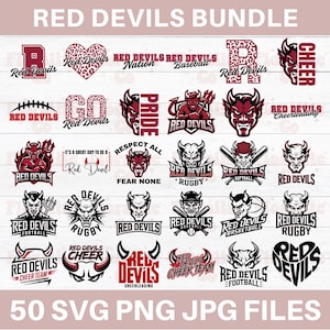 May include: A collection of red and white Red Devils themed graphics. The designs include text and illustrations for sports like baseball, football, and cheerleading. The image also includes the text "50 SVG PNG JPG FILES."