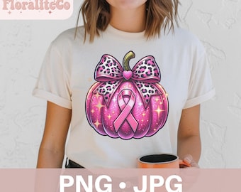 Breast Cancer Pumpkin Png, Fall Breast Cancer Awareness Png, Pink Ribbon Png, In October We Wear Pink Png, Halloween Shirt, Faux Glitter Png