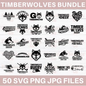 May include: A selection of black and white Timberwolf logos and graphics. The image features logos for different sports teams, including soccer, basketball, and football, alongside the text "Timberwolves Bundle" and "50 SVG PNG JPG FILES".