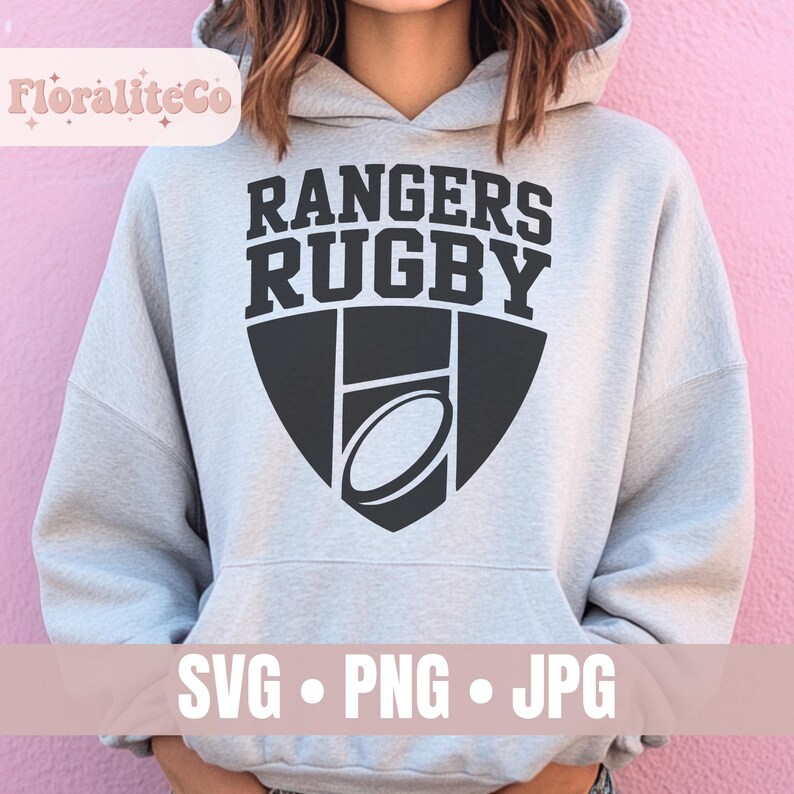 May include: A pale grey hoodie featuring the words "Rangers Rugby" in black, above a black rugby-themed emblem. The bottom of the image displays the text "SVG &bull; PNG &bull; JPG".