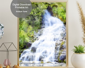 Waterfall Nature Watercolor Art Print - Waterfall Nature Wall Art - Waterfall Forest - Nature Wall Decor - Printable Art - Digital Download