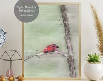 Impresión de arte de acuarela del cardenal norteño - Arte de la pared del pájaro - Decoración de la pared de la naturaleza - Impresiones de arte de la pared de la acuarela - Arte imprimible - Descarga digital