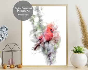 Impresión de arte de acuarela del cardenal norteño - Arte de la pared del pájaro - Decoración de la pared de la naturaleza - Impresiones de arte de la pared de la acuarela - Arte imprimible - Descarga digital