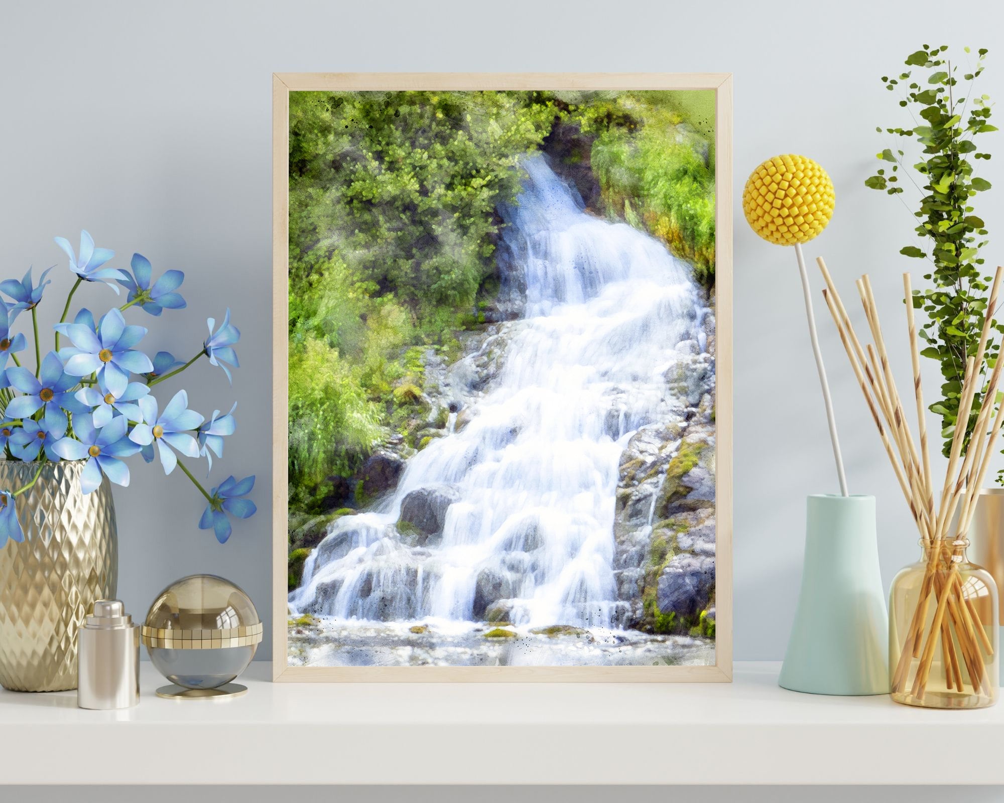 Waterfall Nature Watercolor Art Print - Waterfall Nature Wall Art ...