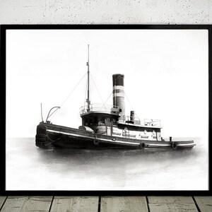 May include: A black and white photograph of a tugboat on the water. The tugboat has a tall smokestack and a small cabin.