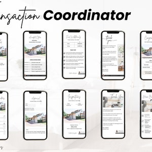 May include: A set of 10 phone screen mockups with a white background. Each mockup shows a different step in the home buying process, including inspections, accepted offer, utility providers, and closing. The text on the mockups includes "Transaction Coordinator", "Inspections", "Accepted Offer", "Utility Providers", "Closing", "Thank You", "Congratulations", and "Home Buying Process".