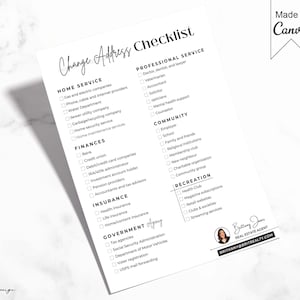 Könnte beinhalten: Eine Checkliste für die Adressänderung mit Kategorien für Hausdienst, Finanzen, Versicherung, Behörden, professionelle Dienstleistungen, Gemeinde und Freizeit. Die Checkliste enthält eine Vielzahl von Punkten, die aktualisiert werden müssen, wie z. B. Versorgungsunternehmen, Banken, Versicherungsunternehmen, Behörden, Ärzte und Gemeindeorganisationen. Die Checkliste soll Menschen helfen, ihre Adresse einfach und effizient bei allen notwendigen Stellen zu aktualisieren.