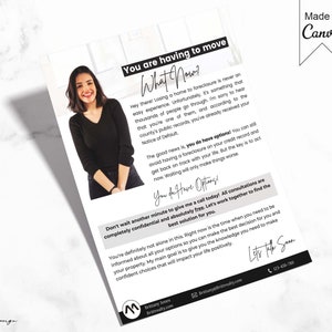 May include: A woman in a black shirt and jeans stands in front of a white wall. The text on the flyer reads "You are having to move. What Now?" and "The good news is you do have options! You can still avoid having a foreclosure on your credit record and get back on track with your life. But the key is to act now. Waiting will only make things worse."