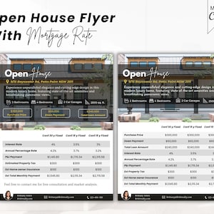 Könnte beinhalten: Ein schwarzer und goldener Open-House-Flyer mit einem Foto eines modernen Hauses. Der Flyer enthält Informationen über die Immobilie, einschließlich der Adresse, der Anzahl der Schlafzimmer und Badezimmer sowie der Quadratmeterzahl. Er enthält auch eine Tabelle mit verschiedenen Hypothekenzinsen und monatlichen Zahlungen.