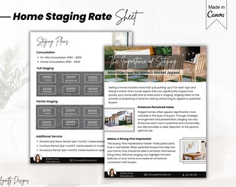 May include: A gray and white document with the title "Home Staging Rate Sheet". The document lists different home staging packages and prices for studios, one-bedroom, two-bedroom, three-bedroom, penthouses, and office spaces. The document also includes a section on additional services such as artwork and decor rental, furniture rental, and accessory rental.