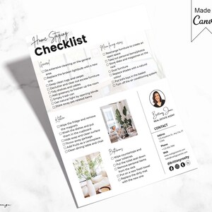 May include: A checklist for home staging with tips for general areas, kitchens, and bathrooms. The checklist includes tasks such as decluttering, cleaning, and adding greenery. The document also includes contact information for a real estate agent.