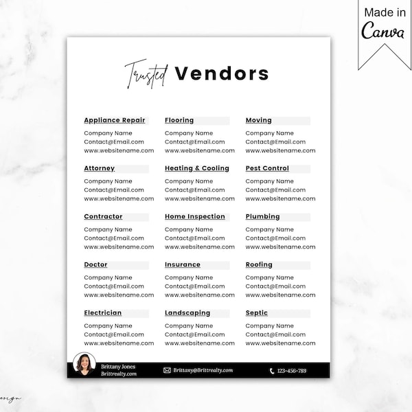 Preferred Vendor List Template Etsy