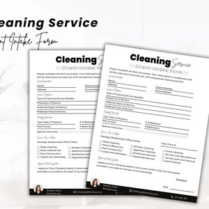 May include: A black and white cleaning service client intake form with sections for contact information, type of cleaning service needed, frequency of service, preferred days and time of service, type of property, special instructions, packages, and total price. The form includes checkboxes for different cleaning services, such as deep cleaning, window cleaning, appliance cleaning, and organising services. The form also includes a signature line and space for the date.