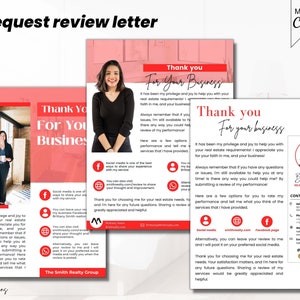 Carta de avaliação do agente imobiliário, carta agrícola de depoimentos de clientes, solicitação de avaliação do cliente, folheto de solicitação de feedback, pacote Red Design