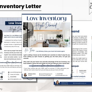 Carta de inventario bajo y alta demanda, carta de agricultura inmobiliaria, carta de prospección, plantilla de marketing inmobiliario, diseños azul océano