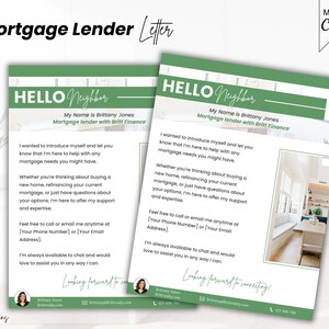 Puede incluir: Una postal verde y blanca con una foto del interior de una casa. El texto en la postal dice "HELLO Neighbor" y "My Name is Brittany Jones Mortgage lender with Britt Finance". El texto también dice "I wanted to introduce myself and let you know that I'm here to help with any mortgage needs you might have." y "Whether you're thinking about buying a new home, refinancing your current mortgage, or just have questions about your options, I'm here to offer my support and expertise."