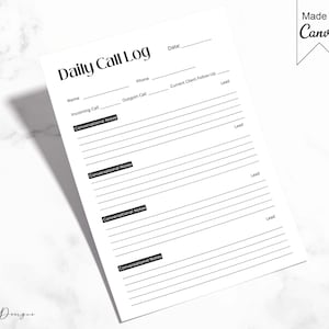 Può includere: Un modello di registro delle chiamate giornaliero stampabile in bianco e nero con il titolo "Daily Call Log" e intestazioni per "Name", "Incoming Call", "Phone", "Outgoing Call", "Current Client Follow-Up", "Lead" e "Conversational Notes".