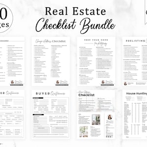 May include: A set of 20 printable real estate checklists for home buyers and sellers. The checklists cover topics such as moving, change of address, pre-listing, home staging, and house hunting. The checklists are designed to help people organise their thoughts and tasks during the home buying or selling process.